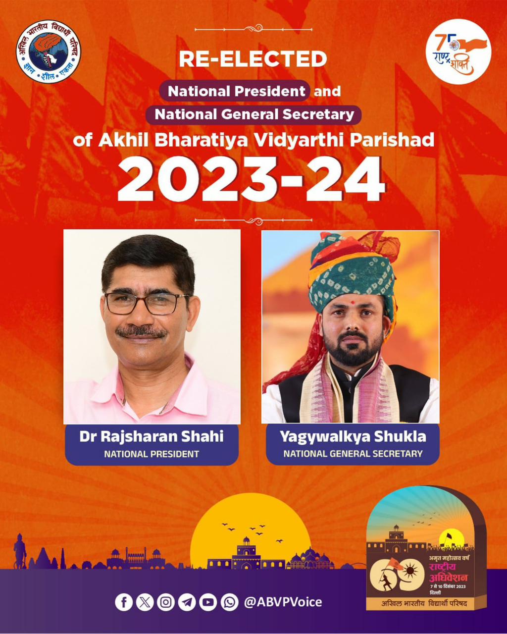 Rajsharan Shahi and Yagywalkya Shukla re-elected asNational President and General Secretary of ABVP
